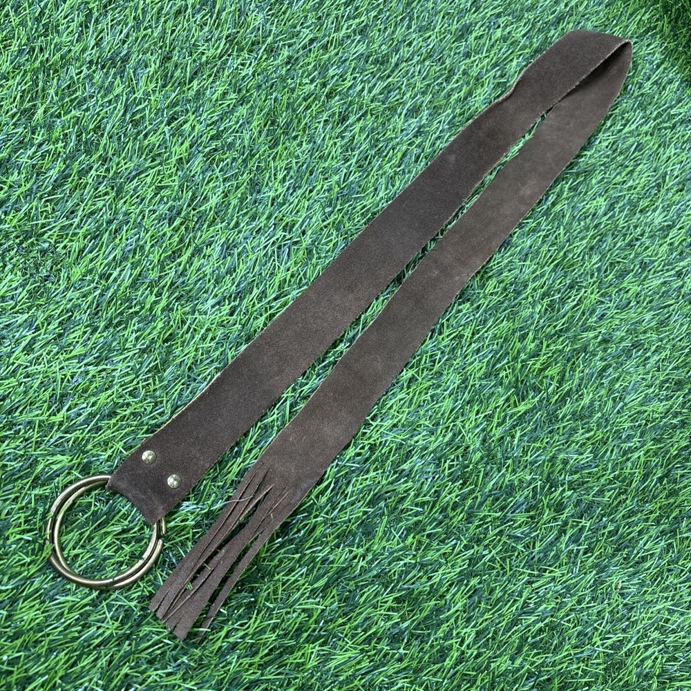 Vintage 1990s Dark Brown Suede Belt Small Gold Tone Ring Fringe Boho